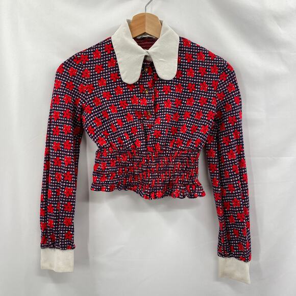 Vintage smocked waist red floral plaid collar top - Picture 5 of 5